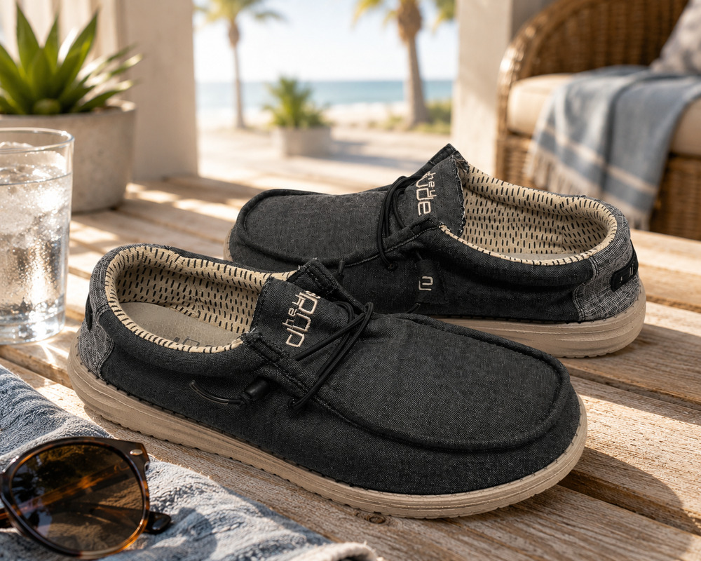 Hey Dude Wally Chambray Black Loafers Men's 8 Women's 9 EU 41 Lightweight Slipon